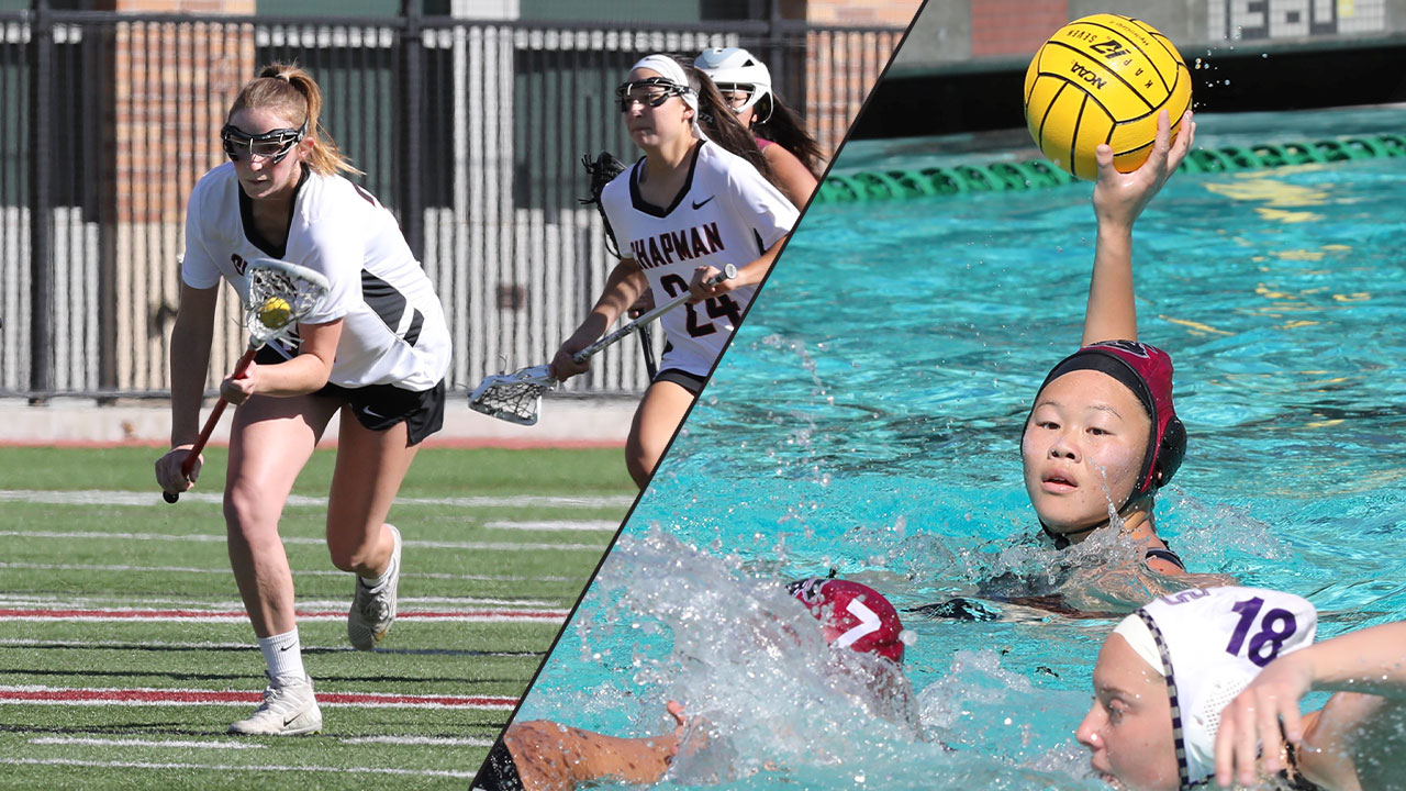 Jessica Ricketts playing lacrosse and Camille Chiang playing water polo.