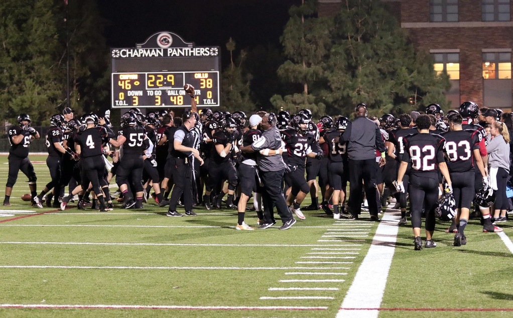 Football celebrates a SCIAC title (photo by Larry Newman)