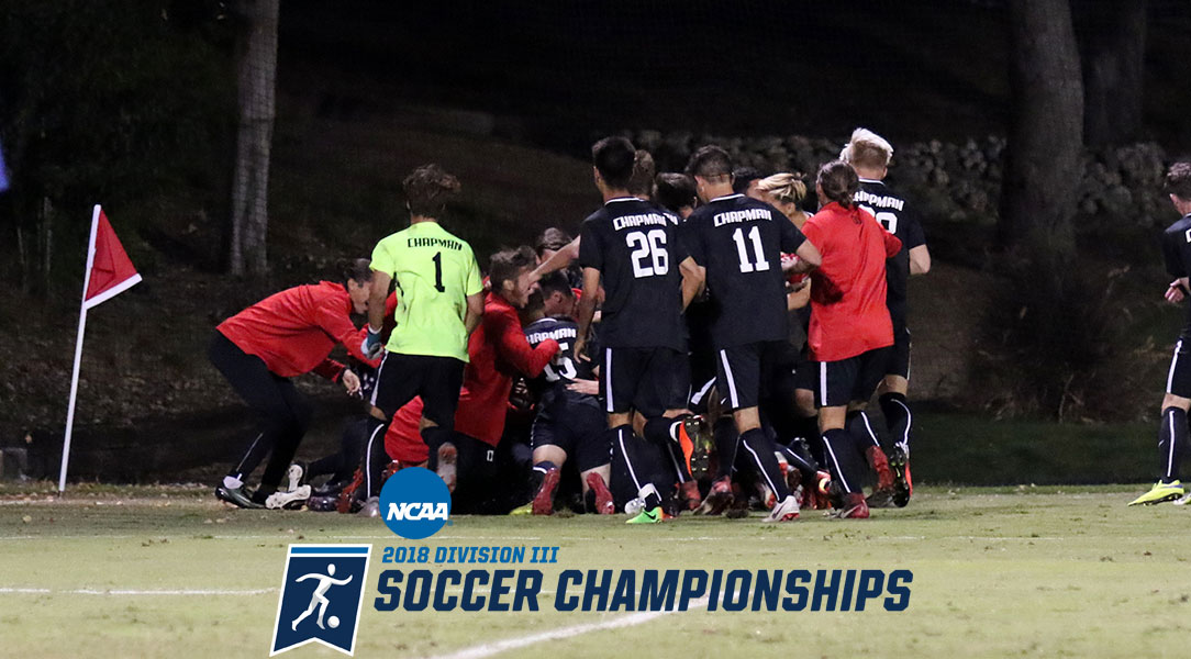 The men's soccer team celebrates after advancing to the SCIAC final on penalty kicks.