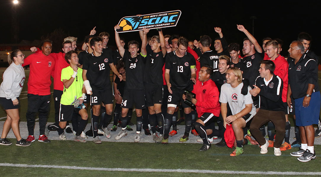 The Panthers celebrate winning the SCIAC title.