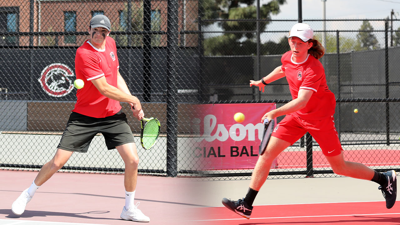 Josh Blinder and Caleb Wilkins hitting a tennis ball.