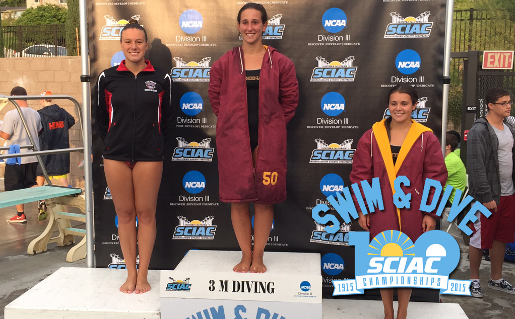 Kayla Dimicco (left) on the SCIAC Championships medal stand after placing second in the 3-meter springboard finals