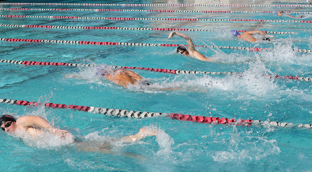 Male swimmers begin a free relay.
