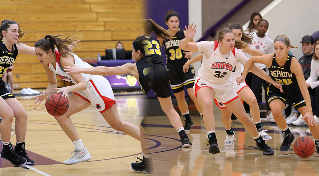 Julia Strand dribbles to the basket and Taylor Hextrum defends an opponent.
