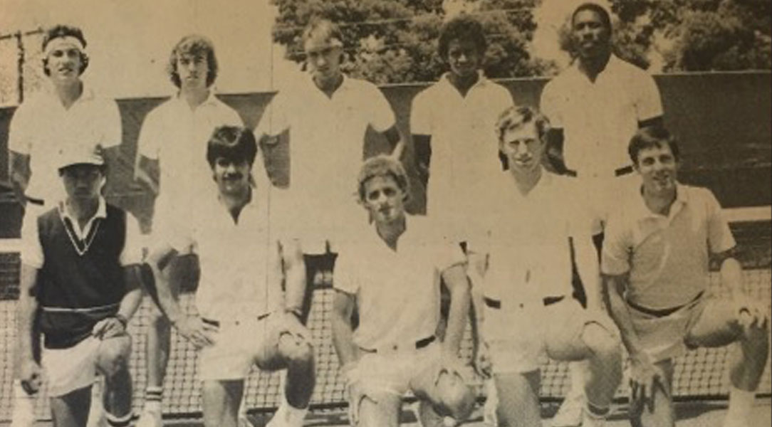 Newspaper photograph of the 1985 men's tennis team.