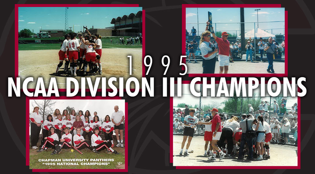 The softball team celebrates the 1995 NCAA Division III softball championship.