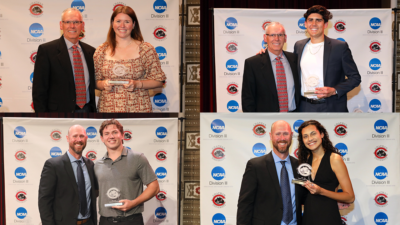 At the top, Jessi Lumsden (left) and Hayden Moore (right) are joined by Director of Athletics, Terry Boesel. At the bottom, Dillon Keefe (left) and Sophie Srivastava (right) are awarded the Scholar-Athlete awards by Associate Director of Athletics, Doug Aiken.