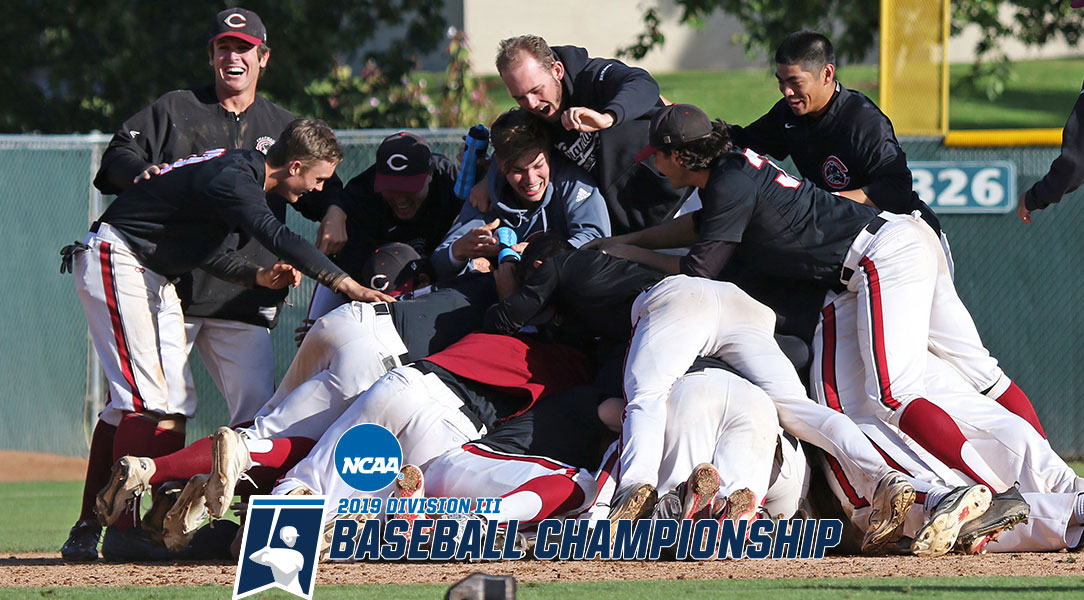 The Chapman baseball team dog piles after winning the NCAA Regional round.
