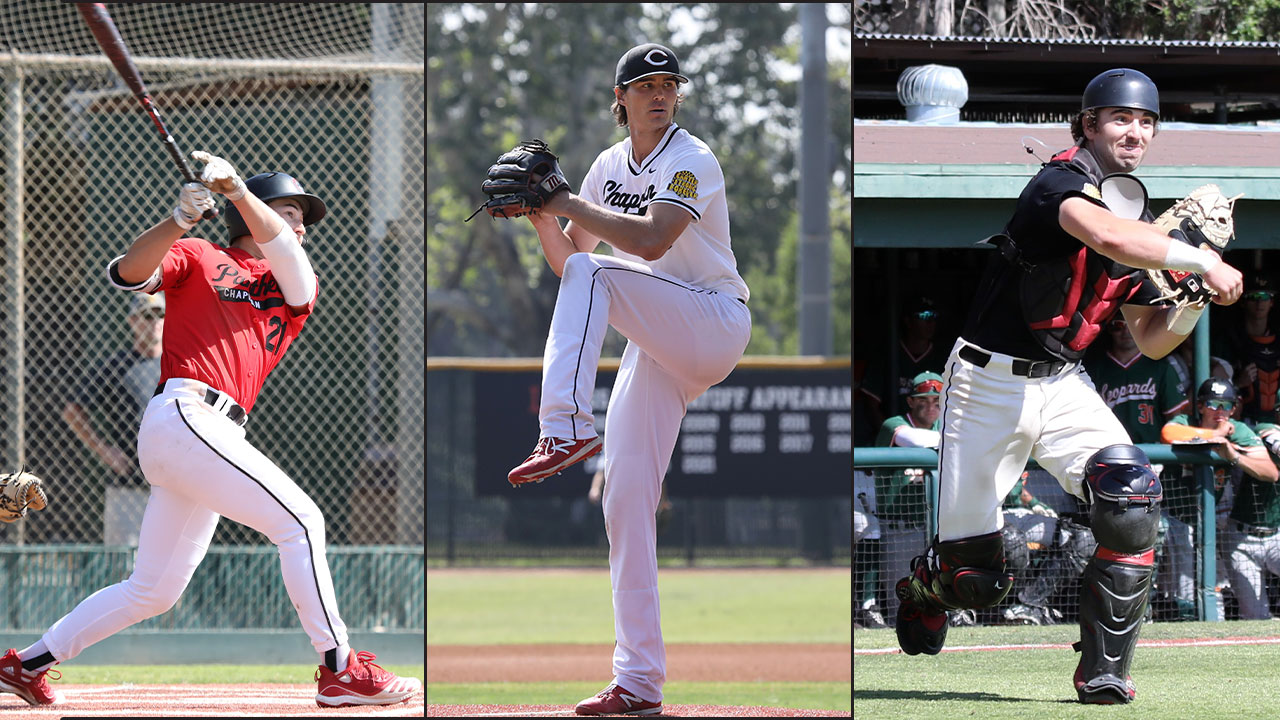 Split screen of three photos of AJ Anzai, Grant Manning and Trent Turquand playing baseball. 