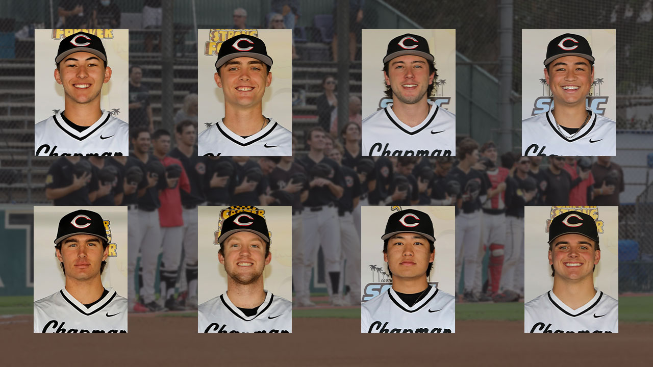 The head shots of all eight All-Region selection for Chapman baseball. 