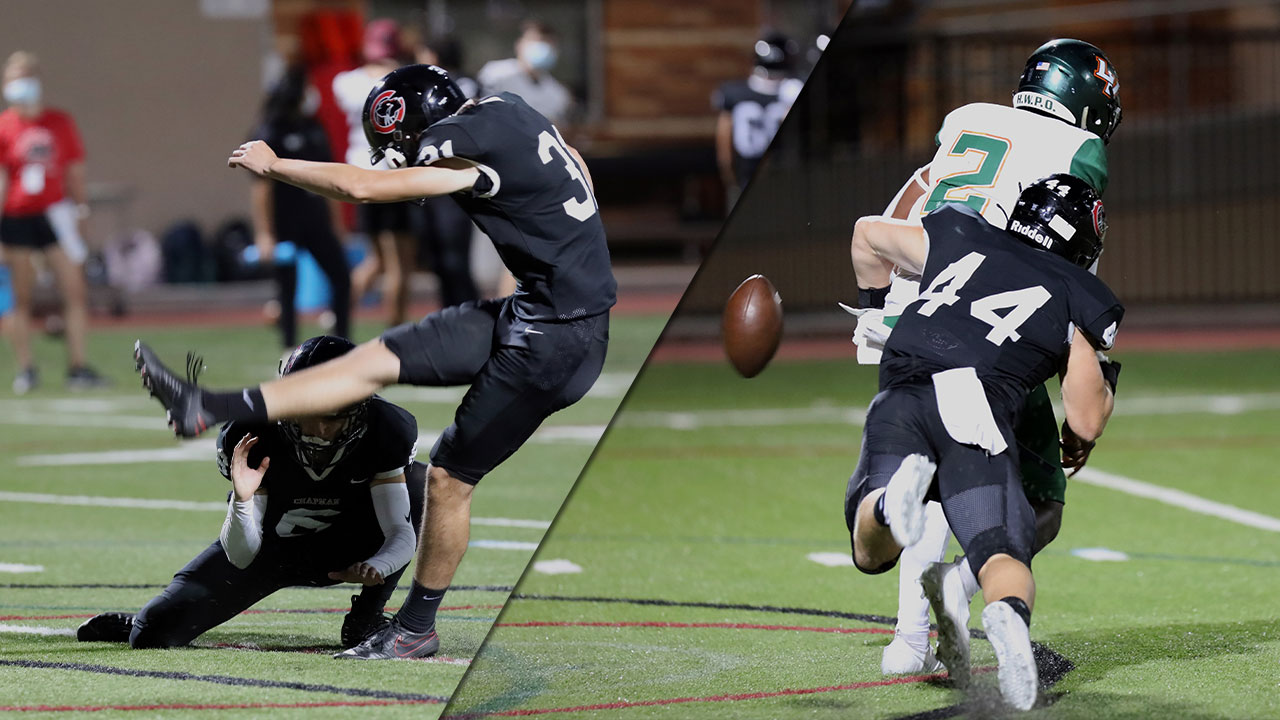 Ken Baierl kicks a field goal on the left and Dillon Keefe makes a tackle on the right.