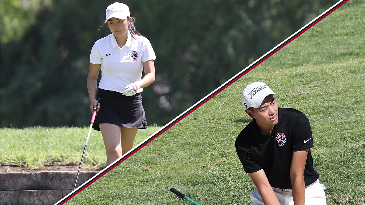 Rachel Truong (left), lines up a tee shot. Bradley Lu (right) looks to hit it out of a bunker.