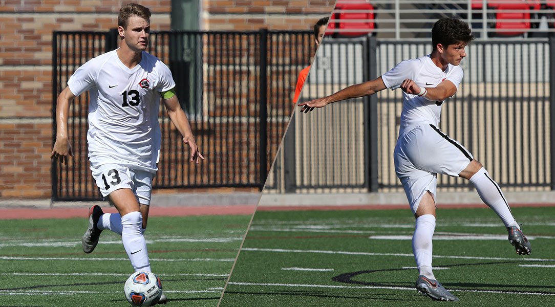 All-SCIAC selections Jarod Matteoni and Jonah Tipp pictured playing soccer.