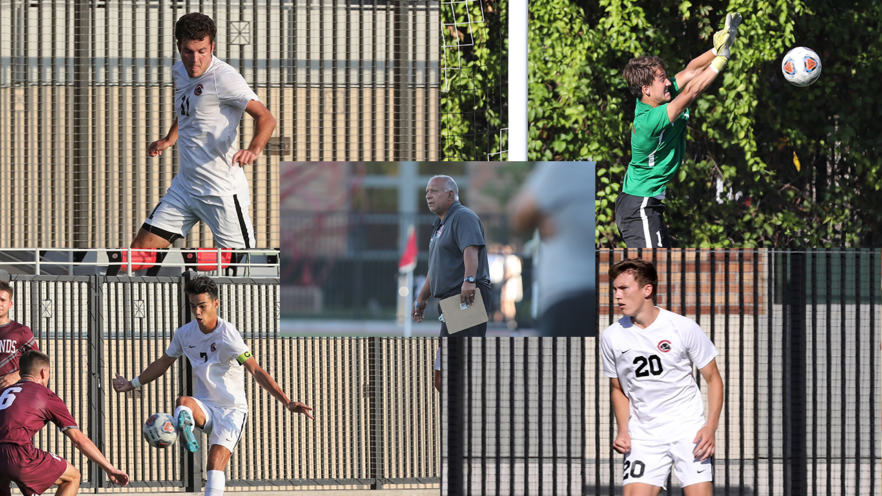 Four pictures put together of men playing soccer. One photo in the middle of the coach.