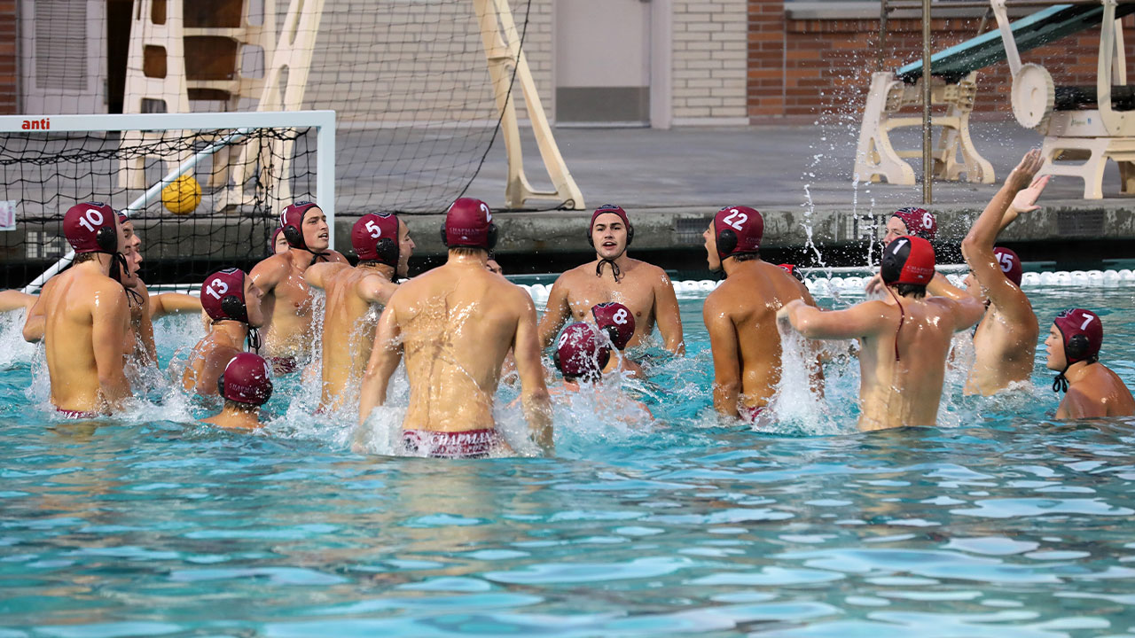 The men's water polo team celebrating in the water.
