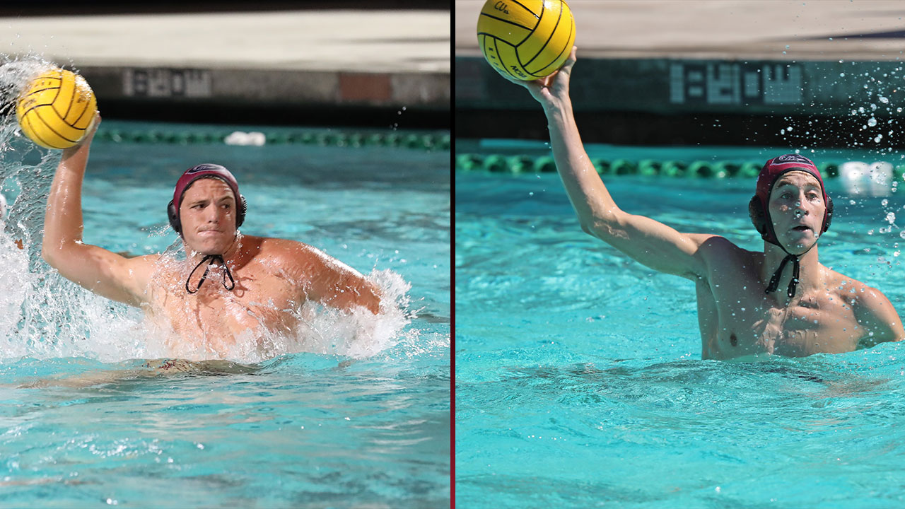 Split picture with Nate Randolph and Everett Prussak in the pool taking a shot in water polo.