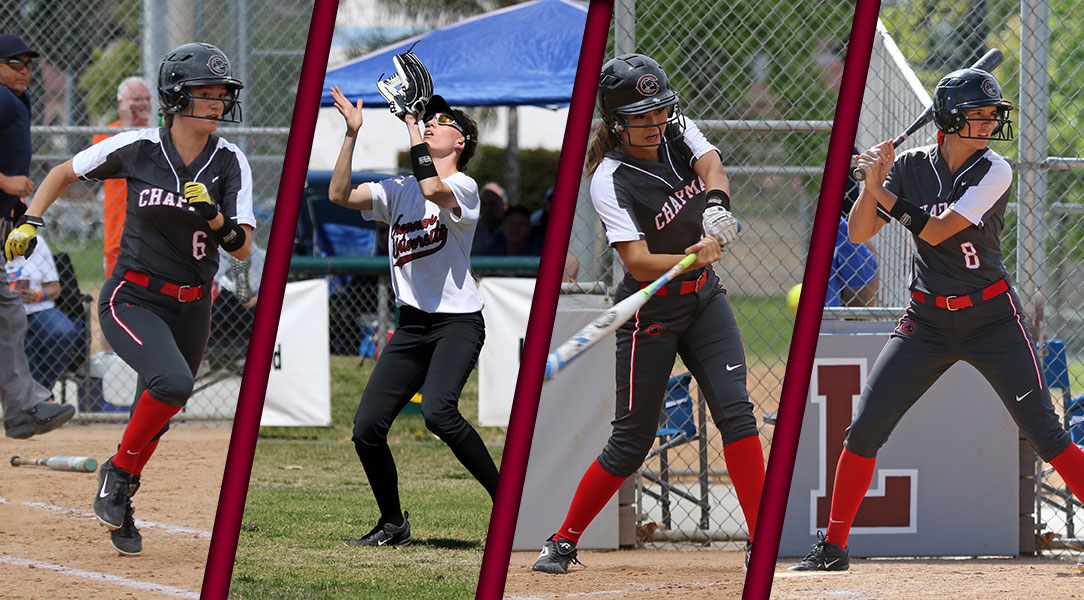 Split screen action photos of four All-SCIAC selections.