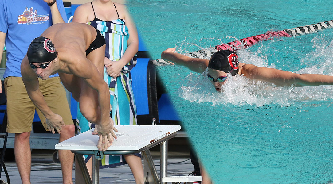 Michael Kulinich dives off the block. Molly Davis swims the butterfly.