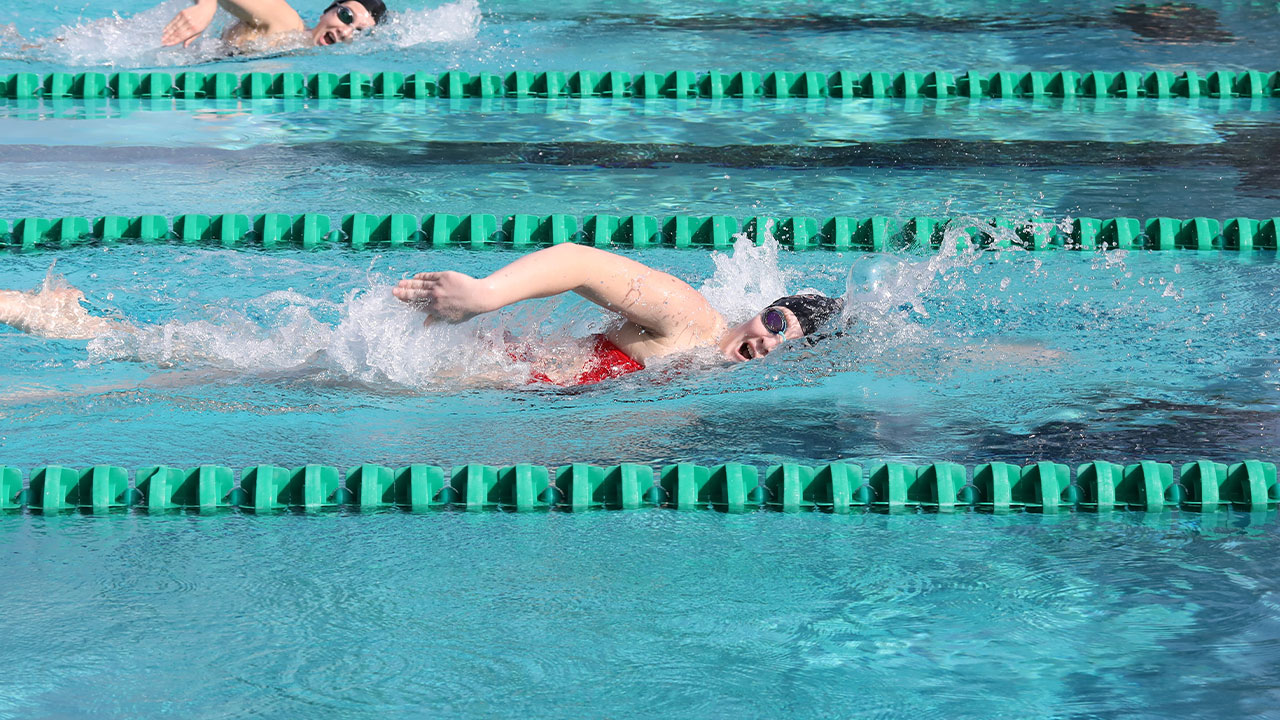A female swimmer swimming freestyle.