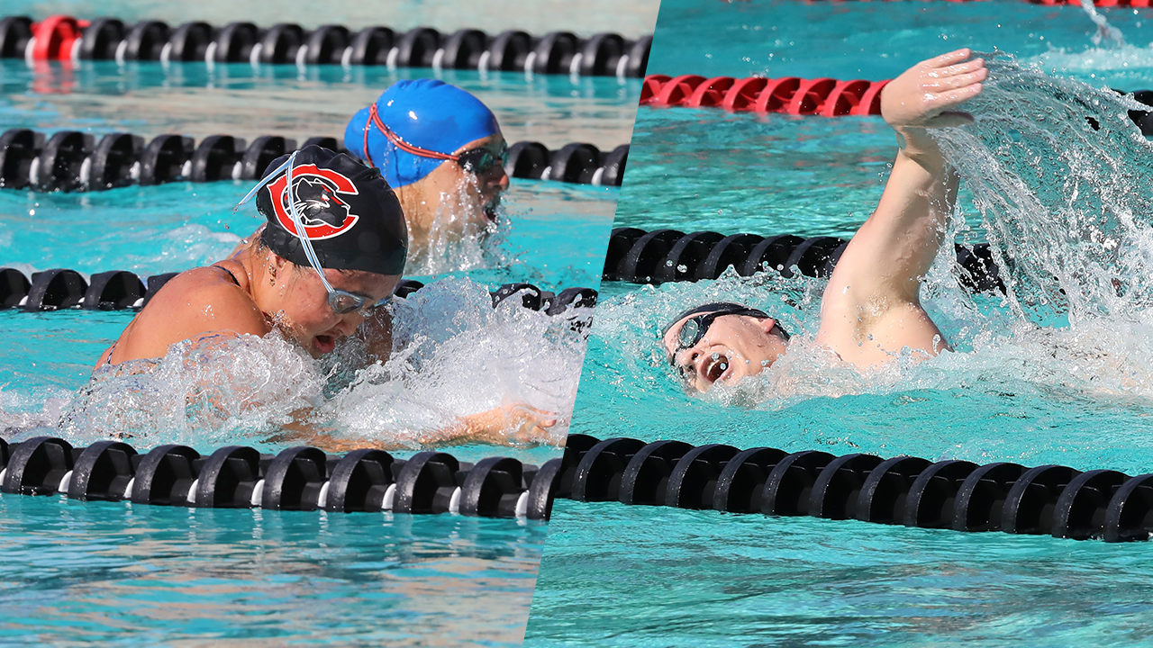 Two swimmers compete in the breaststroke (left) and the backstroke.