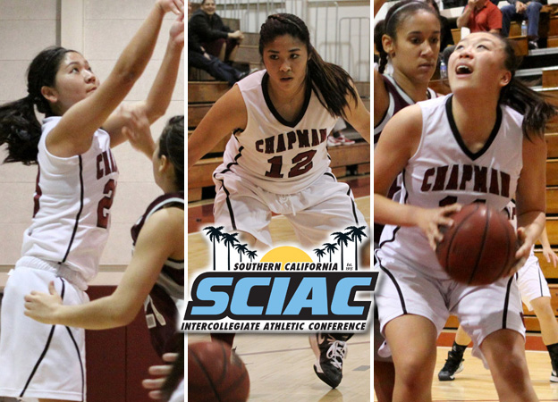 All-SCIAC (from left to right): Kimi Takaoka, Anne Yoshimura and Sandra Gao (photos by Larry Newman)
