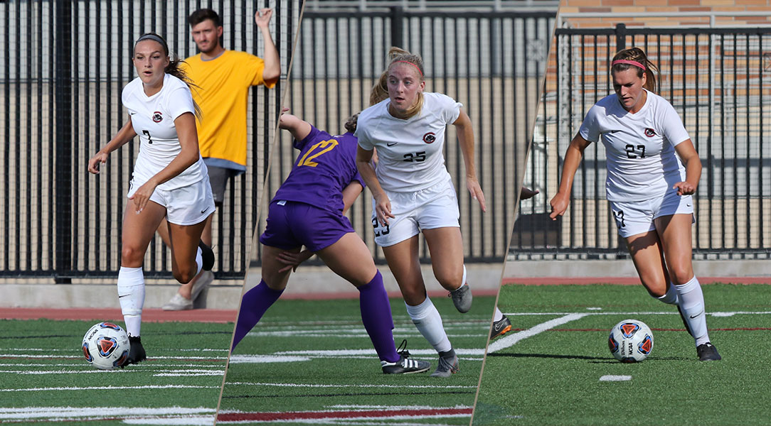 All-SCIAC selections Anna Montemor, Faith Holloway and Riley Pidgeon playing soccer.