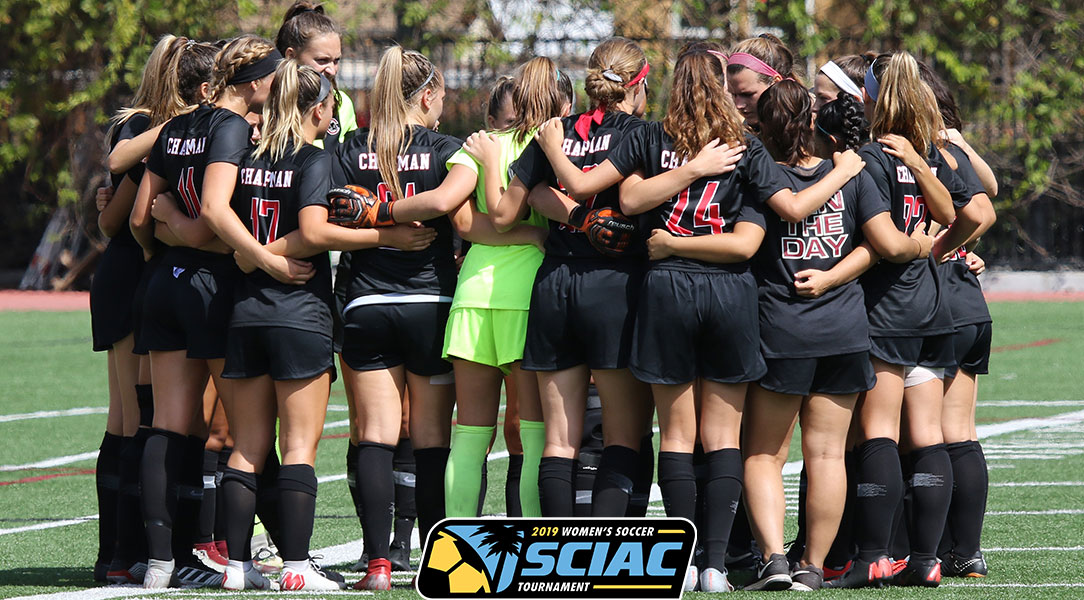The Chapman women's soccer huddles before a game.