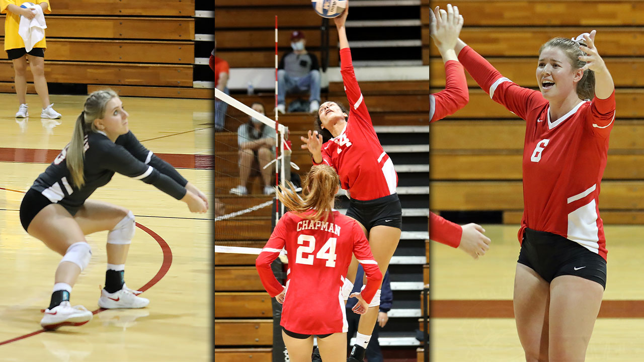 Photos of Cat Helgeson, Sophie Srivastava and Jessi Lumsden playing volleyball.