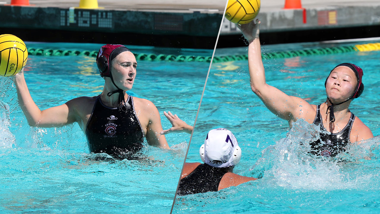 Two pictures of Ally Long and Camile Chiang shooting in water polo.