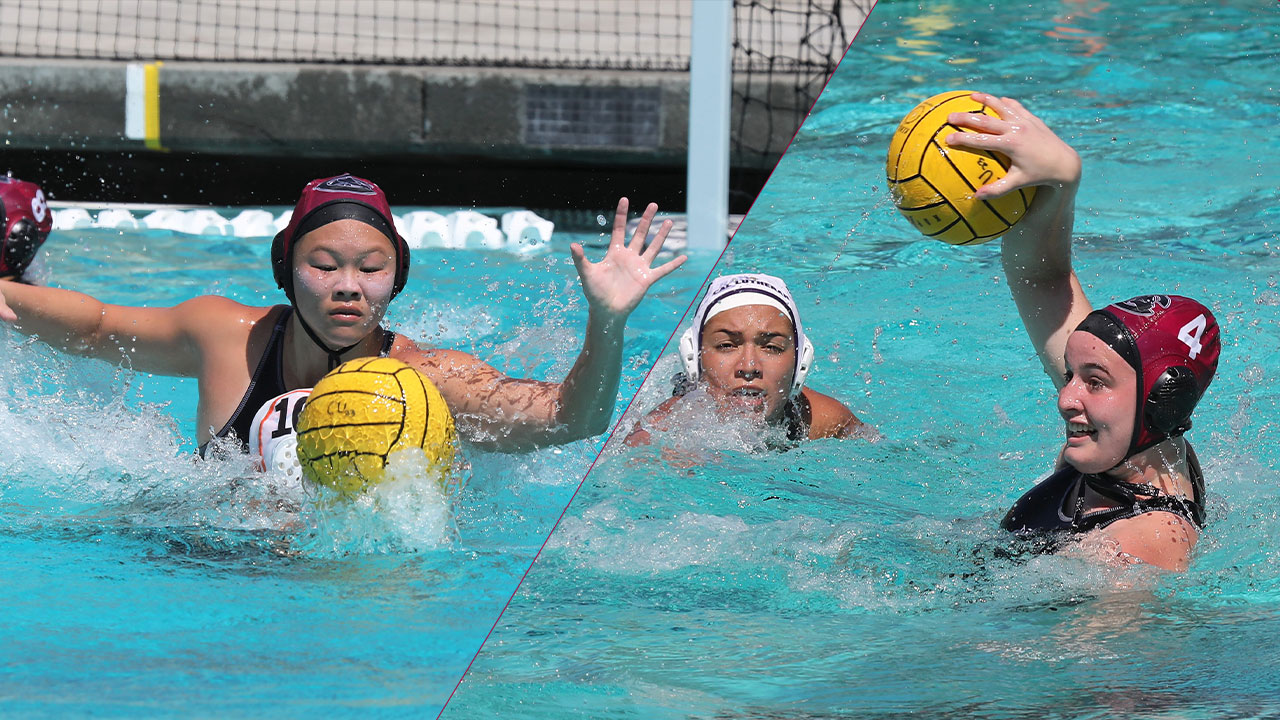 Split screen of Camille Chiang and Alyssa Fricker playing water polo.