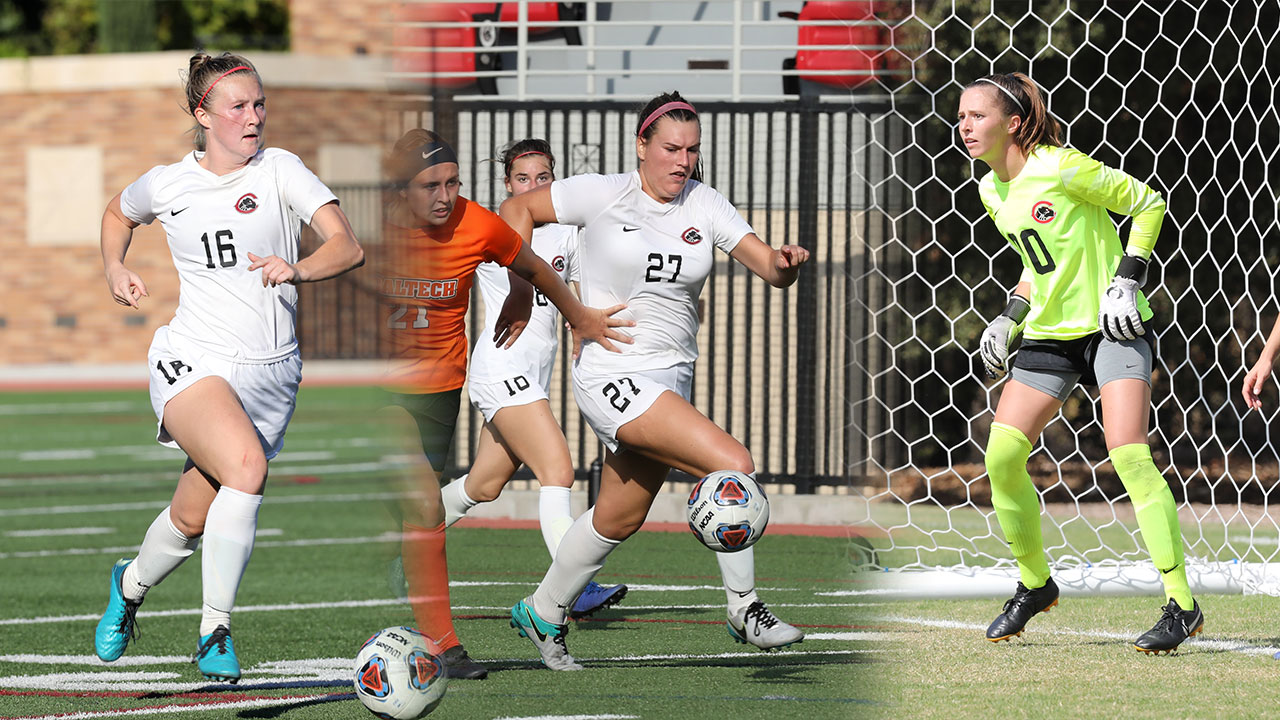 Three pictures of Jessi Roux, Riley Pidgeon, and Kelsey Bland playing soccer.