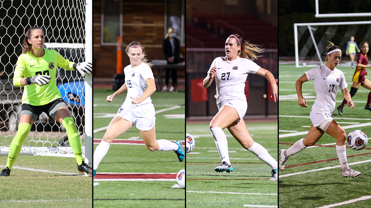 Individual action photos of four soccer players.