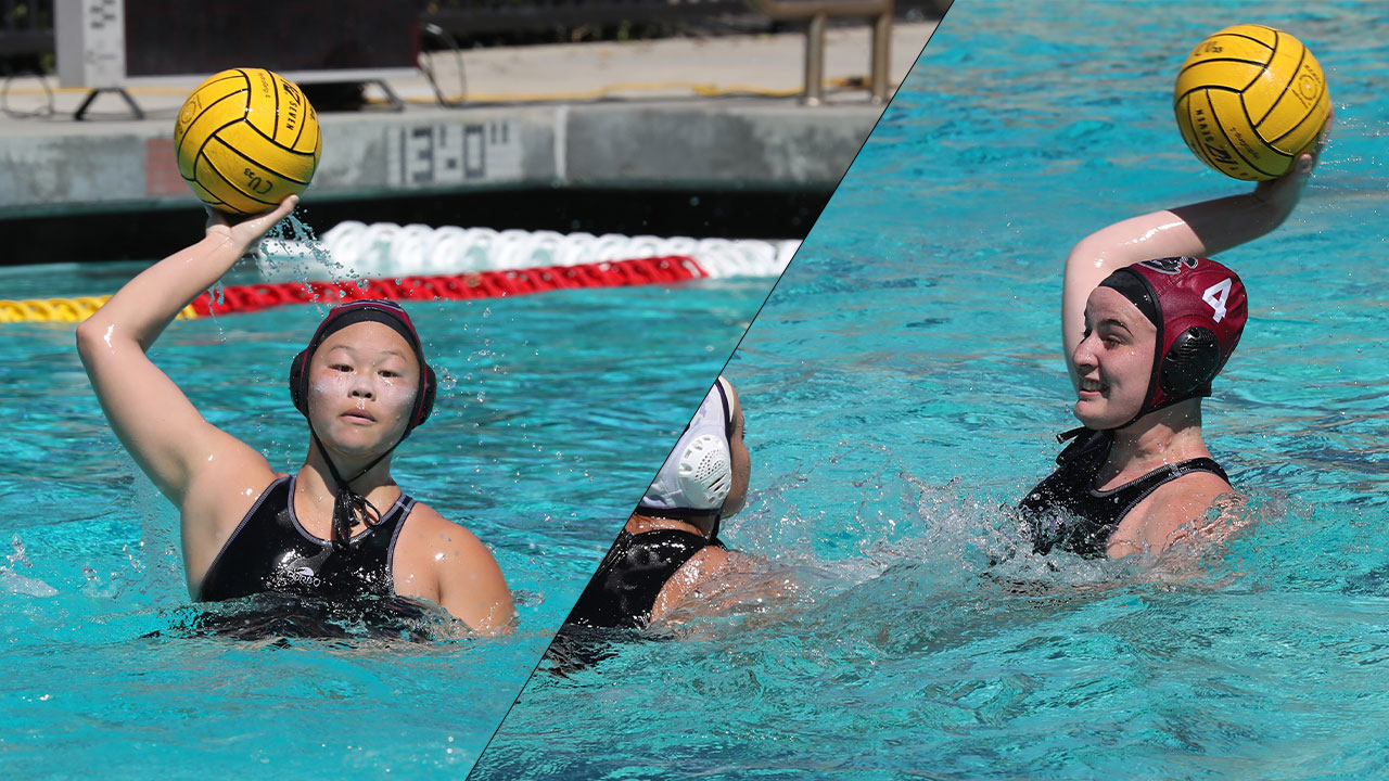 Split screen with Camille Chiang on the left and Alyssa Fricker on the right playing water polo.